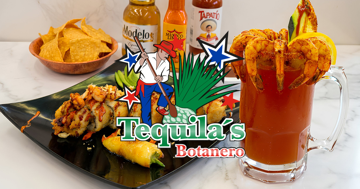 Shrimp michelada and a sushi roll with the Tequila's Botanero logo