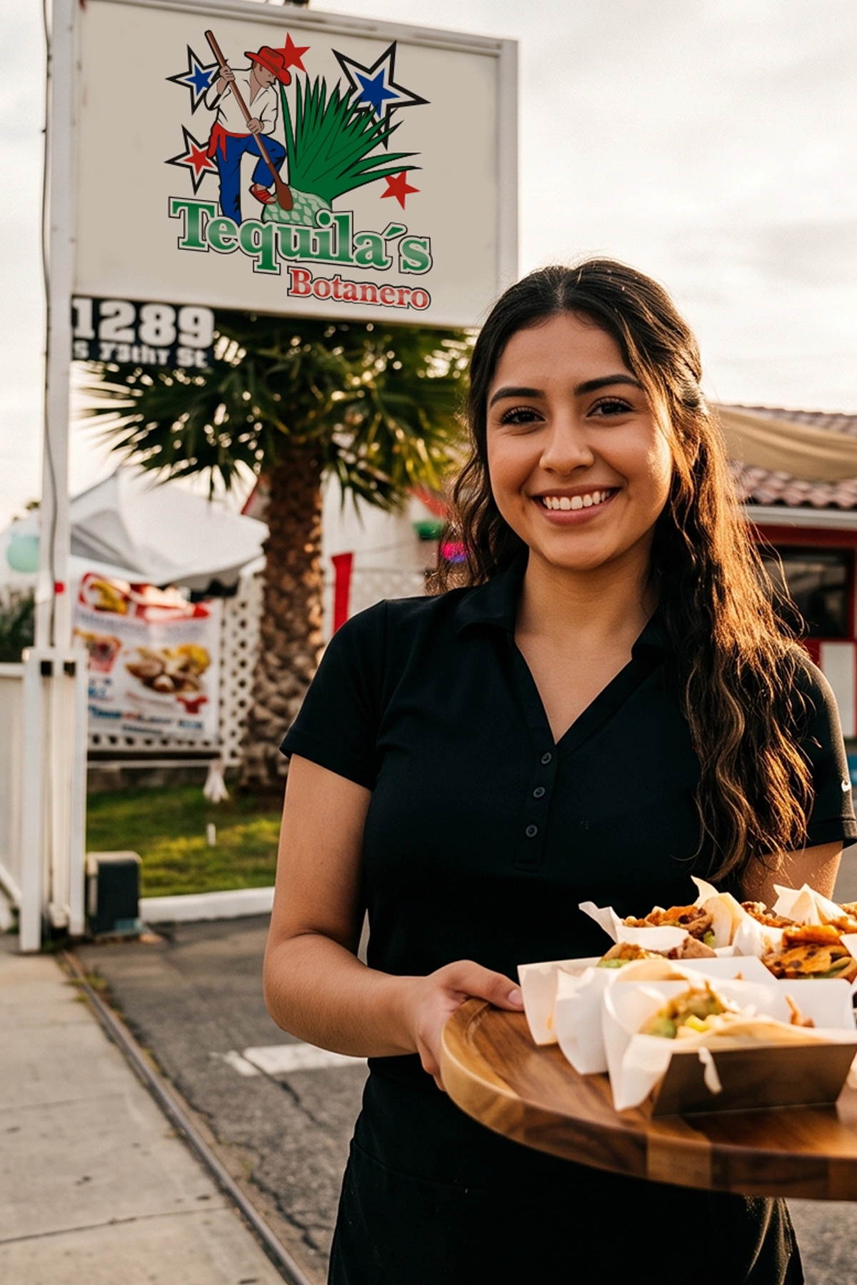 Smiling Tequila's Botanero team member carrying a wooden tray of tacos in front of the restaurant
