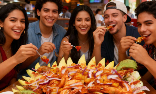 Group of people sharing a tequilas botana